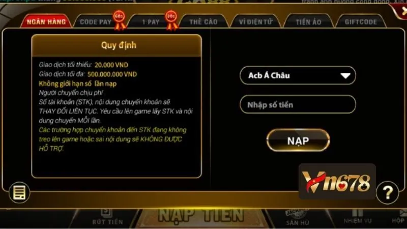 Cách nạp tiền VN678 qua ngân hàng
